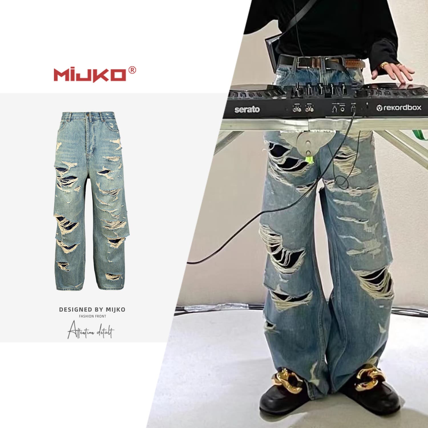 MIJKO men's and women's double-layer tassels destroyed beggar style men's and women's destroyed ripped jeans handsome - JoyaGoo Spreadsheet