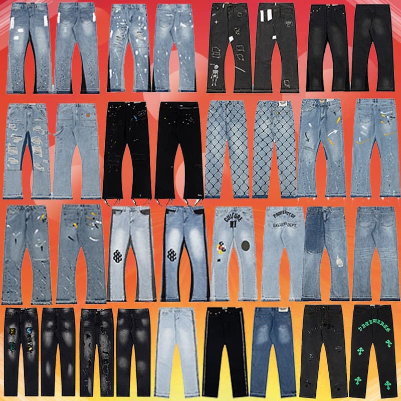 Foreign single GALLERY DEPT ink graffiti micro-flared stitching ripped casual loose jeans long pants trendy