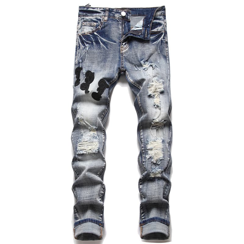 AM foreign trade style punk retro blue hole slim elastic printing dyeing skinny men's jeans