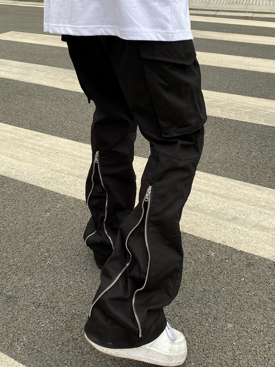 European and American high street vibe style pants black pocket zipper flared pants ins trendy straight overalls men's summer slightly elastic - JoyaGoo Spreadsheet