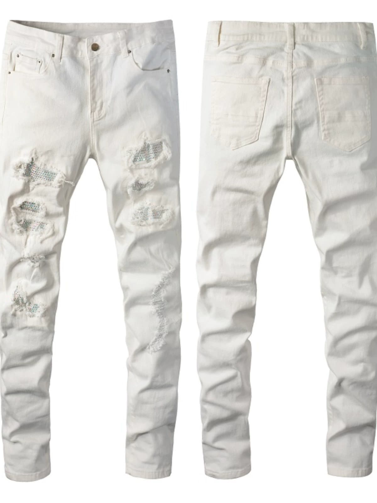 New European and American high street Internet celebrity brand hot diamond patch hole elastic slim fit white skinny jeans for men