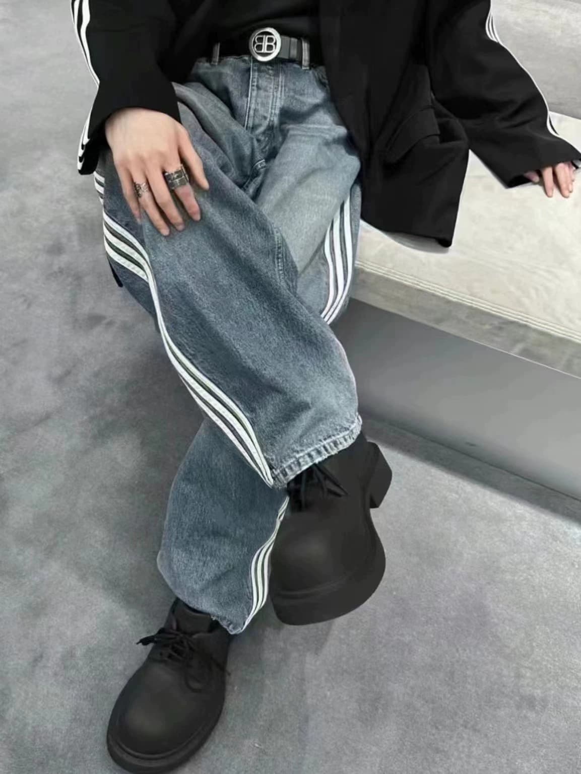 BLCG 23ss new joint AD large baggy three-bar washed show straight-leg jeans