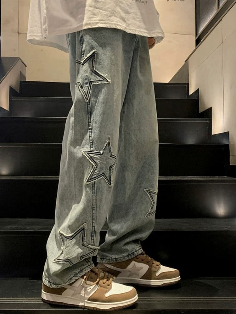 Pentagram jeans men's summer American high street 2024 new trendy straight loose wide-leg trendy pants - JoyaGoo Spreadsheet