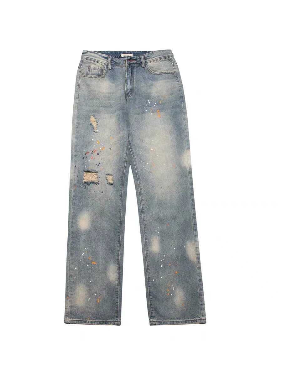 American street vibe style splash-ink washed distressed high street ripped jeans ins men and women loose straight trousers - JoyaGoo Spreadsheet