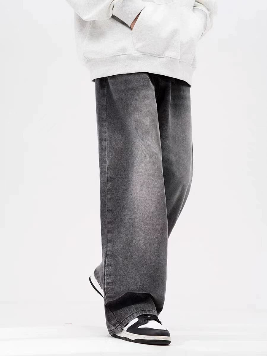 American high street retro smoky gray elastic waist jeans for men and women, loose straight wide-leg drape pants - JoyaGoo Spreadsheet