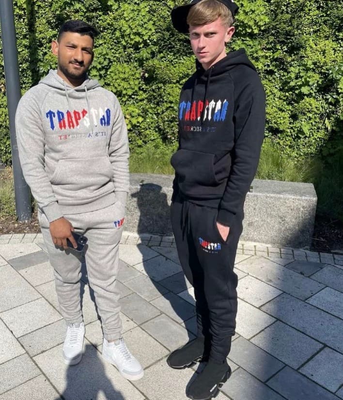 European and American high street niche rap trend brand blue and red towel embroidered hoodie loose casual trousers - JoyaGoo Spreadsheet