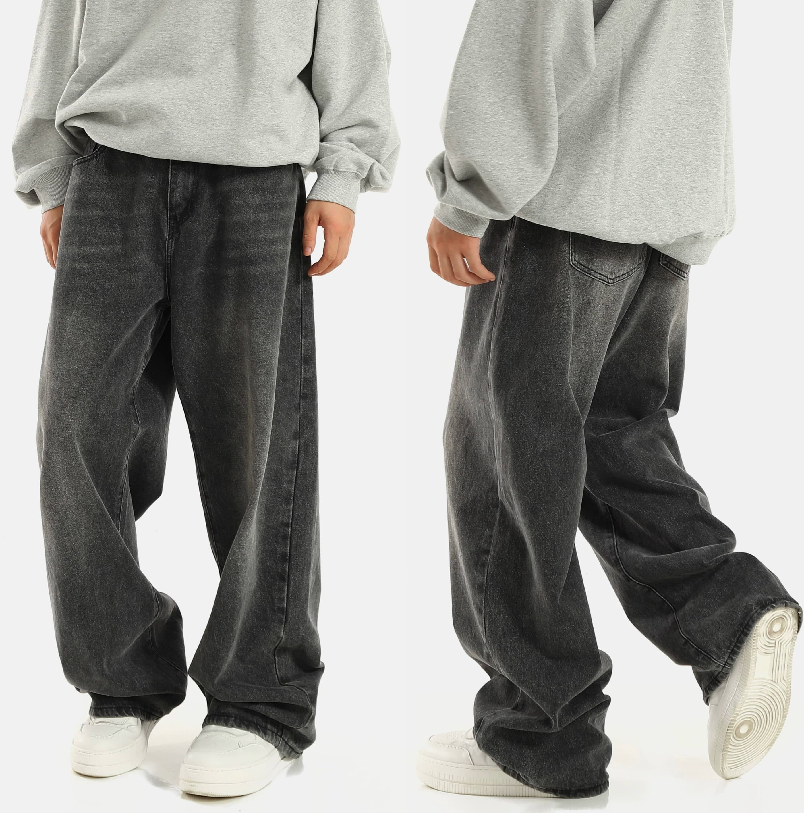 American retro smoky gray elastic waist jeans for men and women, loose straight wide-leg drape pants, trendy brand