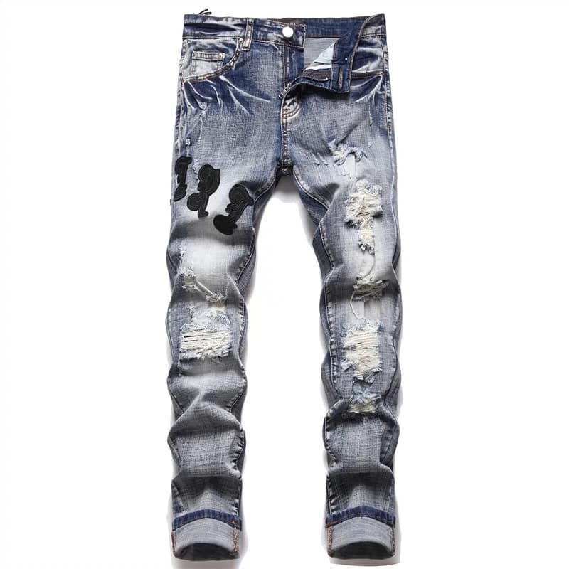 AM foreign trade men's jeans with holes embroidered five-pointed star trend elastic slim fit pants high-end casual men's pants - JoyaGoo Spreadsheet