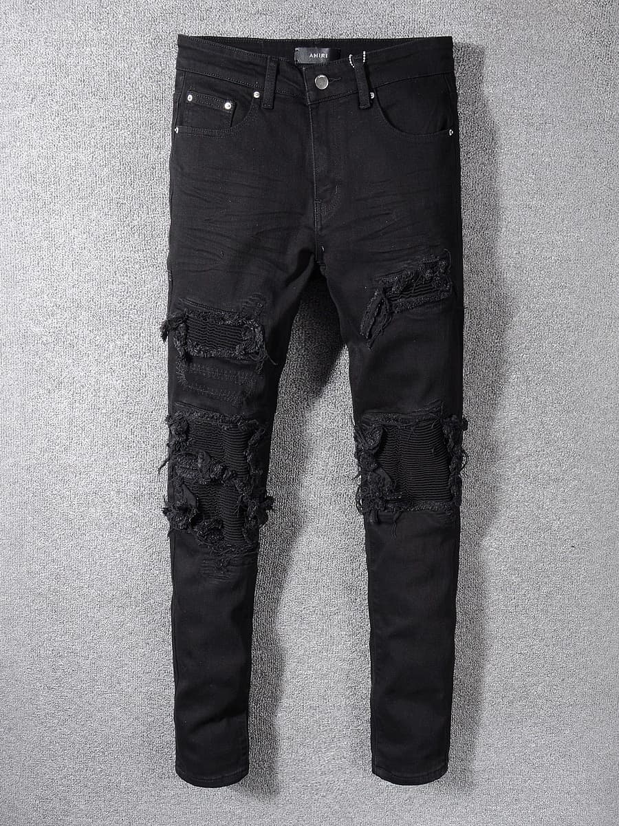 High street fashion brand AMR black jeans men's scratched holes patch beggar pants elastic slim fit skinny pants - JoyaGoo Spreadsheet